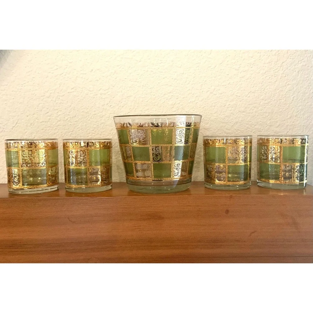Vtg 60s Culver Prado Green & Gold 22 k Lowball Glasses (4) and Ice Bucket Set